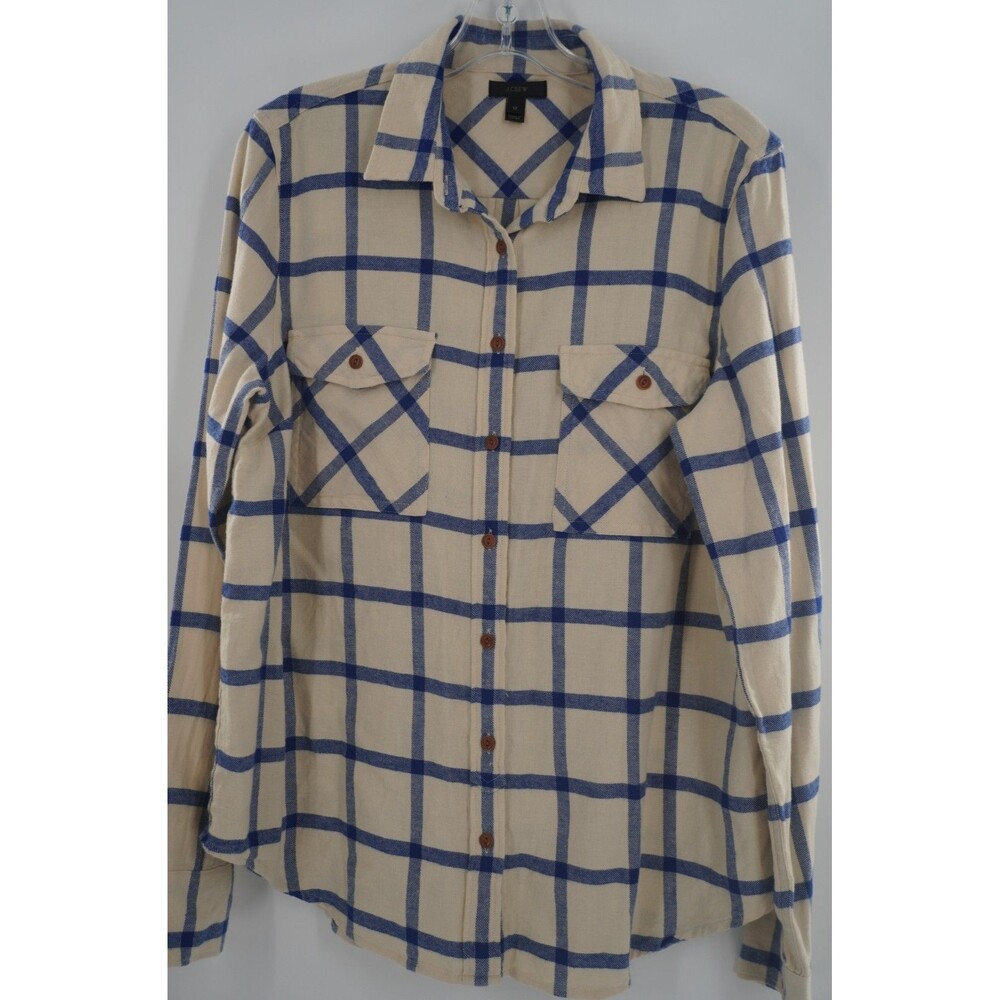 J.Crew "Boy" Fit Flannel Preppy Shirt in Cream & Blue Windowpane Plaid Size 12